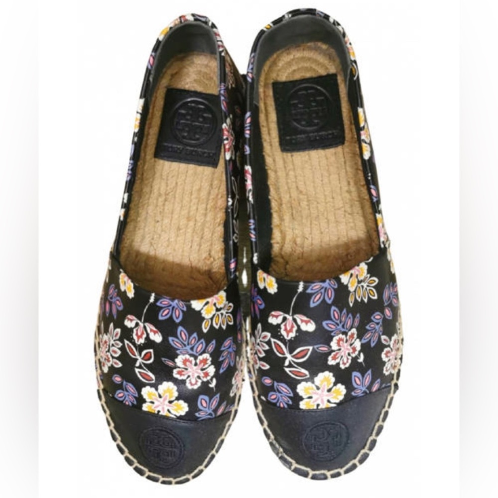 Tory Burch Hopewell Black Printed Nappa Leather C.Block Espadrilles Shoes Flat